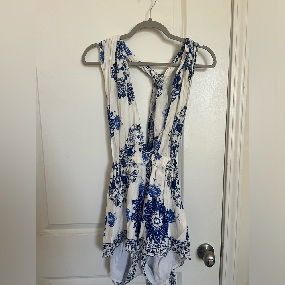LF brand romper, blue and white china pattern design. Multi way back strap